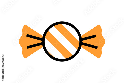 Candy wrapped in orange paper with white stripes and black ties, isolated on white background, simple icon.