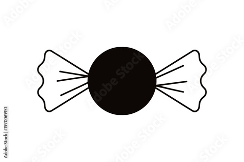 Candy icon with a black circular center and white wrapper ends with subtle line details and wavy edges, isolated on a white background.