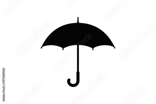 Umbrella simple black silhouette with a curved handle, an iconic representation of protection from rain or sun.