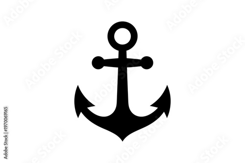 Anchor black silhouette icon with nautical symbols and marine design elements on a white background for maritime concepts