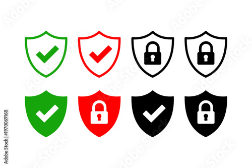 Shield icons set with checkmarks and locks in red, green, and black for security and verification concepts.