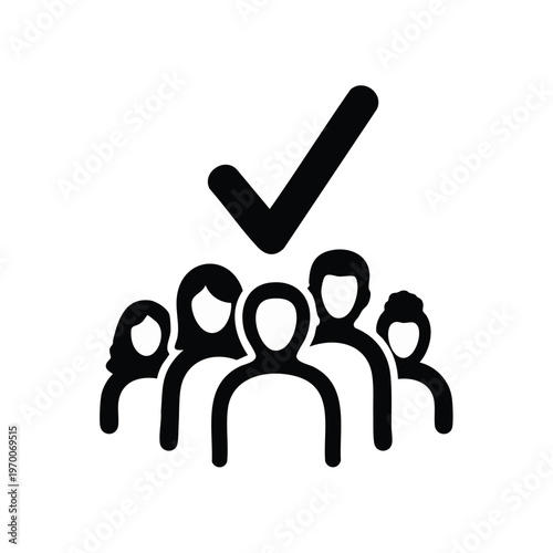 Team selection icon with checkmark. Group of people symbol for hiring and recruitment. Vector glyph for human resources