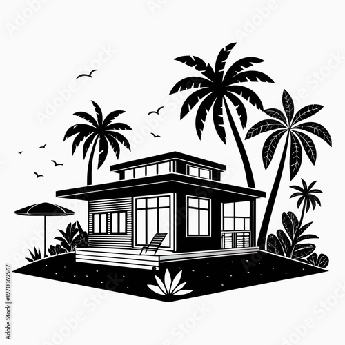 modern tropical villa silhouette with resort house architecture, minimalist holiday home vector illustration isolated on white background