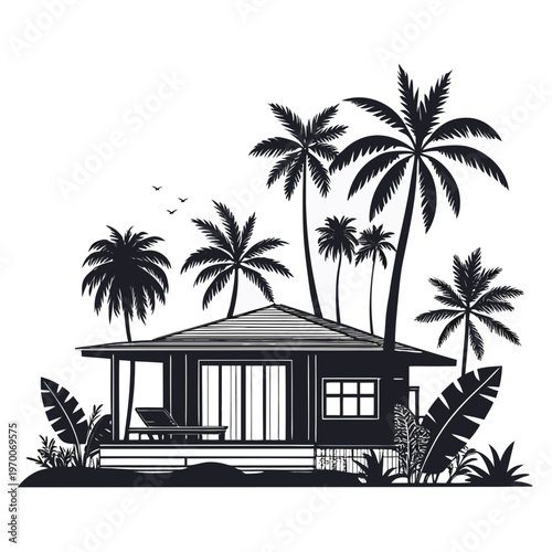 modern tropical villa silhouette with resort house architecture, minimalist holiday home vector illustration isolated on white background