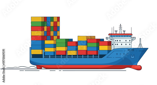 Vector illustration of a large cargo container ship for global maritime logistics and trade