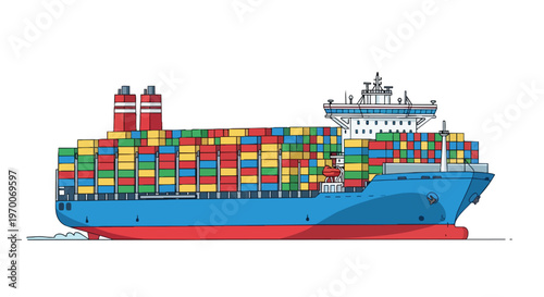Large Container Ship Loaded with Colorful Cargo Containers on White Background