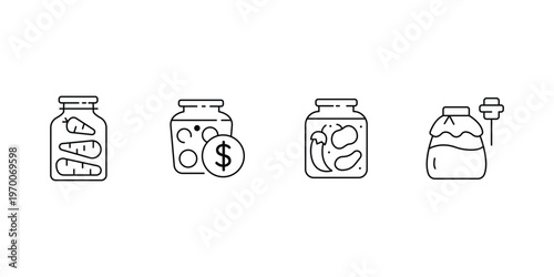 Canned food icon set featuring jars with carrots price dollar symbol pickled peppers and honey pot with dipper stick.