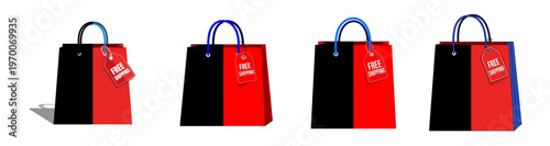 Set of four retail shopping bags black and red halves sale tags for discounts and savings