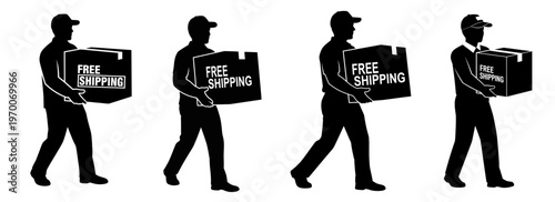 Free Shipping Delivery Service Silhouettes of Delivery Men Carrying Boxes with FREE SHIPPING Text