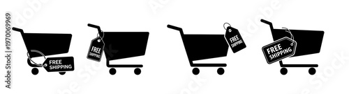 Collection of Black Shopping Cart Icons with Free Shipping Tags for Online Retail Promotions