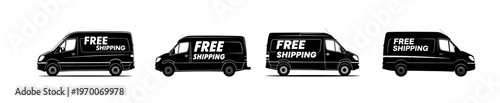 Four Black Delivery Vans With FREE SHIPPING Text Business Logistics and E commerce Service Concept