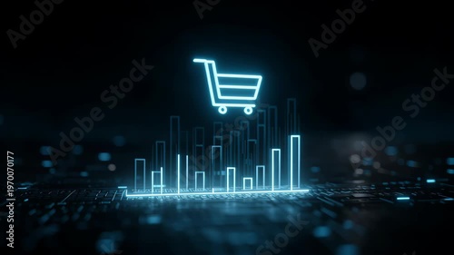 Digital shopping cart icons with glowing neon bars representing e-commerce growth