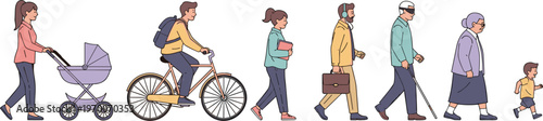 Illustration of Human Lifecycle Stages from Infant to Elderly, Featuring Various Modes of Transportation and Activities in Vector Style