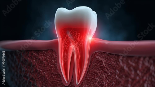 Close-up 3D render of inflamed wisdom tooth roots and nerves with glowing red pain signals