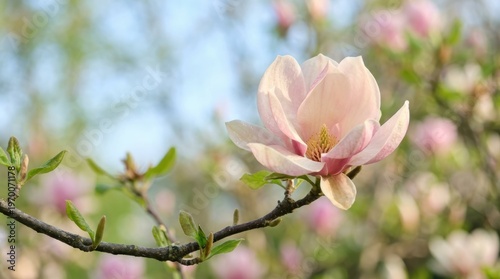 Delicate pink magnolia blossom unfurling its petals on a branch in soft spring sunlight