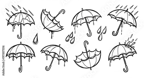 Urban Graffiti Umbrella and Rain Symbol Vector Illustration Sheet in Black Ink Grunge Punk Street Art Style with Broken Flipped and Dripping Forms