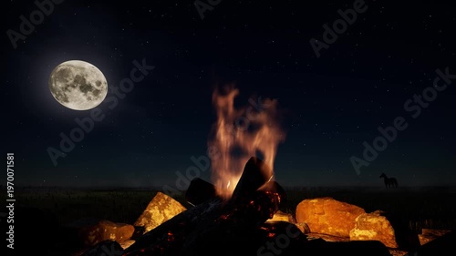 A cozy summer scene with a burning campfire in the steppe against the backdrop of a huge full moon and stars. 3D animation.