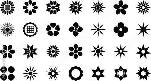 Collection of diverse black floral and starburst shaped silhouettes