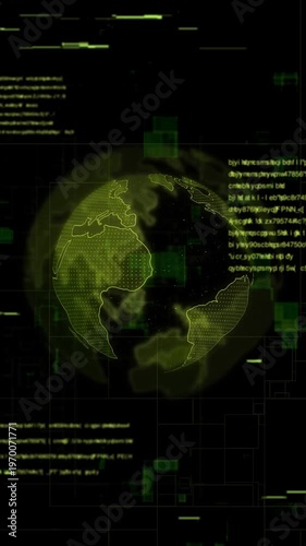 Vertical digital globe planet earth with yellow gold glitch noise and data code for smartphone, Full HD