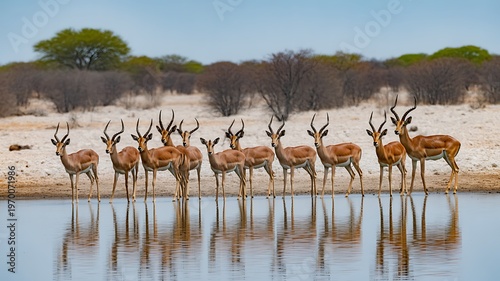 Row of impalas antelopes at a waterhole, water reflections, wildlife safari and game drive in Namibia, Africa.