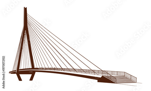 Abstract vector image of a suspension bridge, modern architecture, structural design.