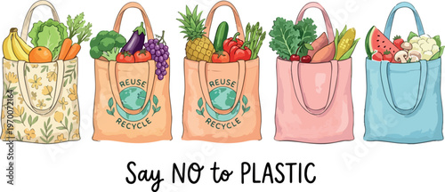 Reusable shopping bags with fresh produce and eco friendly message to reduce plastic use