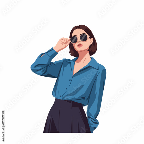 Illustration of stylish woman in blue shirt, dark skirt, adjusting sunglasses. Confident stylish woman with short hair portrays modern fashion. Ideal for lifestyle content, social media,