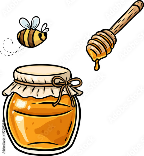 Glass jar of golden honey with dipper and flying bee on white background perfect for natural product branding, food packaging