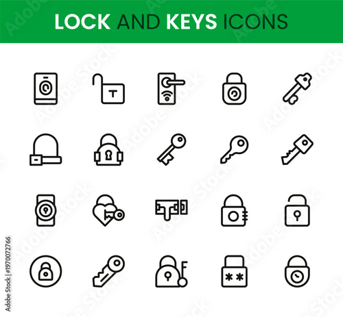 Lock and Keys icon set. Lock and Keys professional modern minimal unique line vector icon pack presenting padlock icons, key symbols, security elements, access control visuals, and modern clean style.