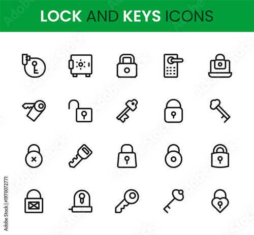 Lock and Keys icon set. Lock and Keys professional modern minimal unique line vector icon collection with security icons, key elements, access control symbols, protection