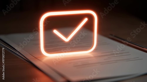 Glowing Checkmark Symbolizing Approval Over Documents and Contracts