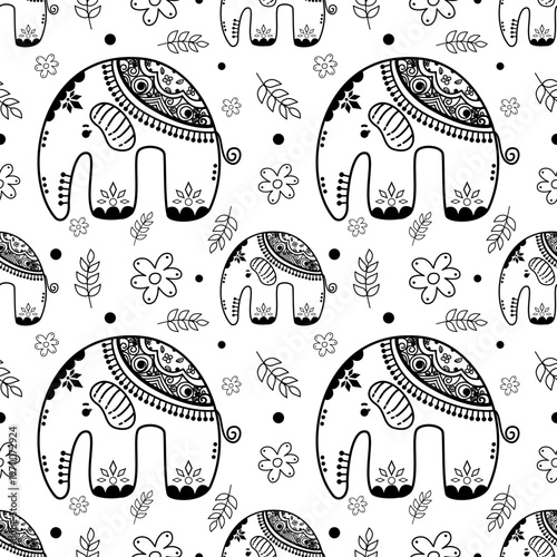 Cute seamless pattern with hand-drawn black and white mandala elephants. Adorable doodle background with intricate patterns, flowers, leaves, and paw prints. Minimalist nursery vector illustration for