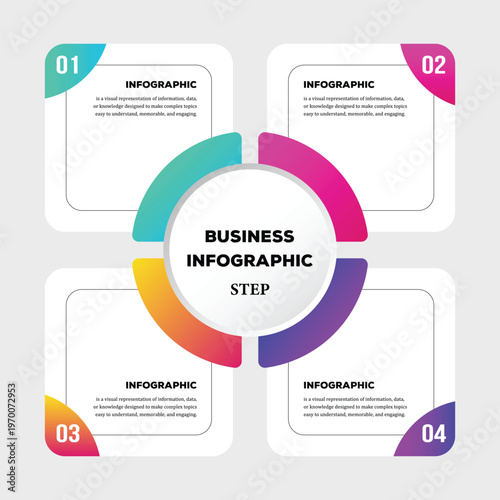Business Infographic Steps Template with Four Options and Circular Progress Chart