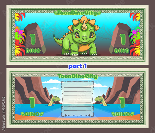 Vector cartoon colored beautiful banknotes, coupons or flyers. Obverse and reverse. Cute little smiling baby toon dinosaur. Denomination one dino. Nature, stones, cliffs, mountains and beach. Part 1