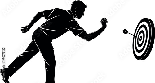 Silhouette of a man throwing a dart at a target board silhouette