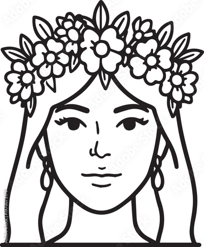 A serene illustration of a woman wearing a flower crown. Embodying tranquility, elegance, and natural beauty.