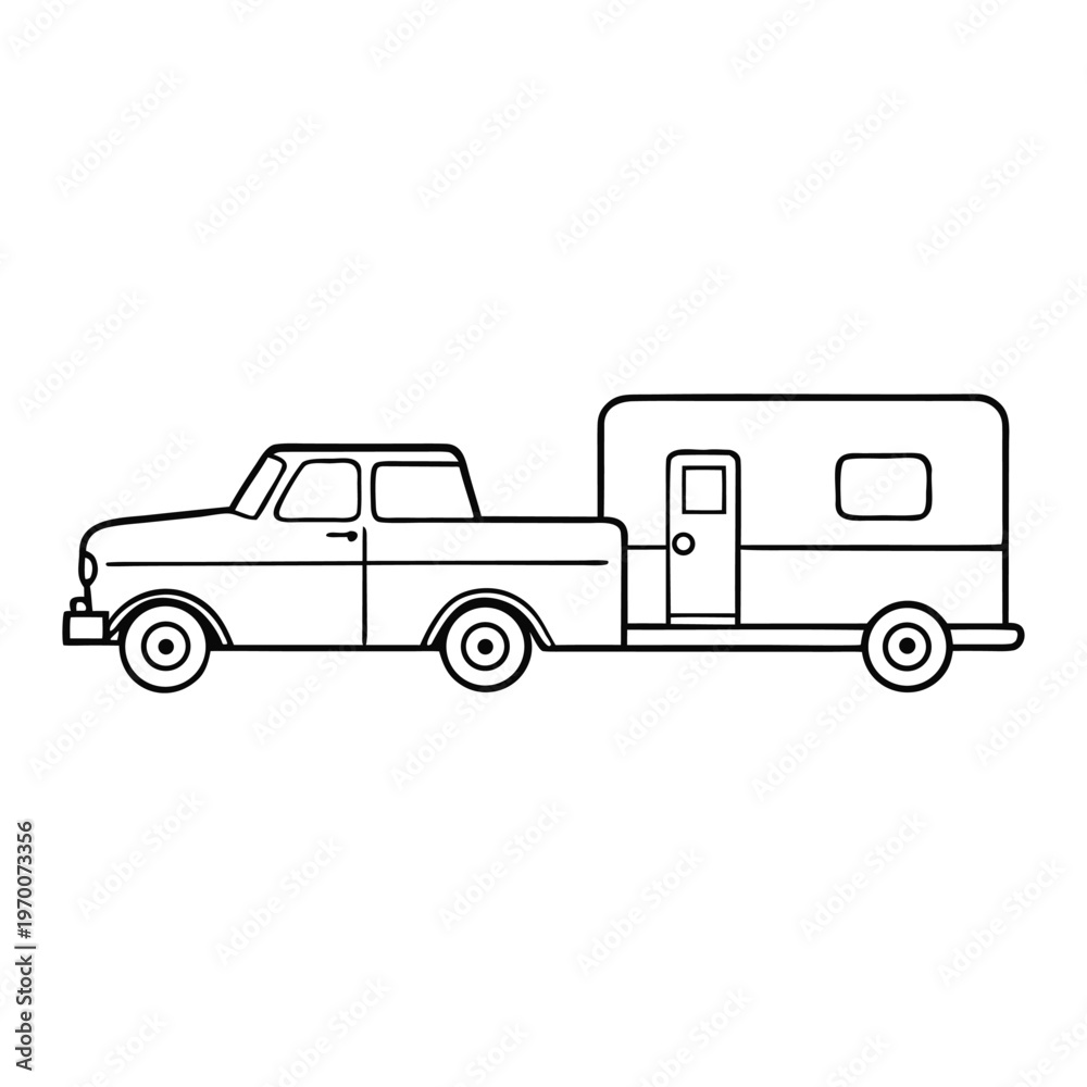 Fototapeta premium Rugged pickup truck towing a compact camp trailer along a winding road, dust trailing behind. Adventure-ready setup blending power, comfort, and freedom for open-road escapes. 