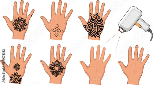 Tattoo Art Designs on Hands with Intricate Patterns and Tattoo Gun for Body Art, Skin Design, and Temporary Tattoo Illustrations