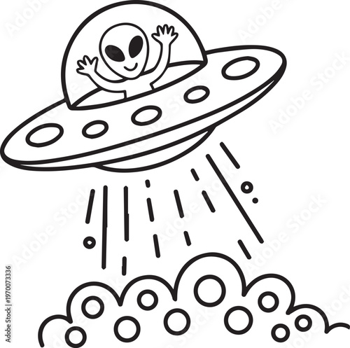 Extraterrestrial alien waving from flying saucer ufo hovering above clouds in playful black and white line art style for sci fi designs