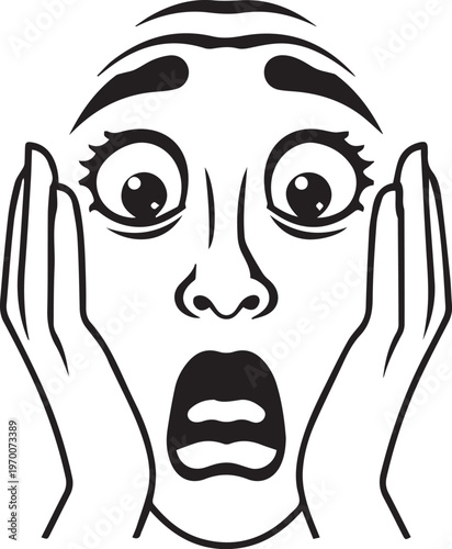 A monochromatic illustration of an exaggerated face conveying intense shock and surprise.