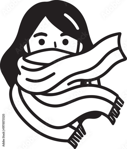 A monochromatic portrait of a woman enveloped in a cozy scarf, exuding a sense of warmth and comfort in a minimalistic style.