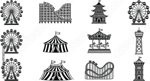Amusement park icon set featuring ferris wheel roller coaster carousel and circus tent silhouettes isolated on white background for carnival entertainment