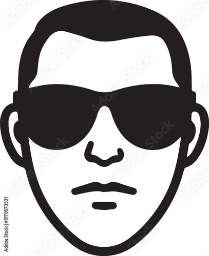 A bold graphic image of a man's face, features a pair of sunglasses, with clean lines and striking contrast.