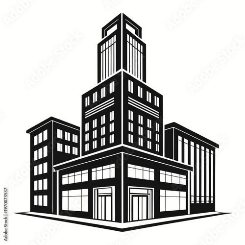 mixed-use building silhouette with retail base and residential tower, modern urban architecture vector illustration isolated on white background