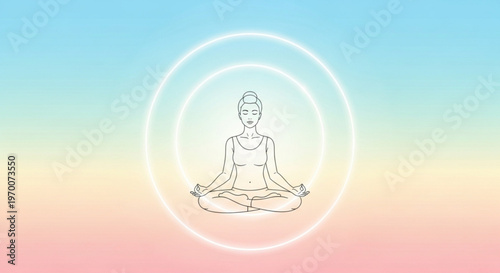 Woman meditates in lotus position with glowing aura against pastel gradient background