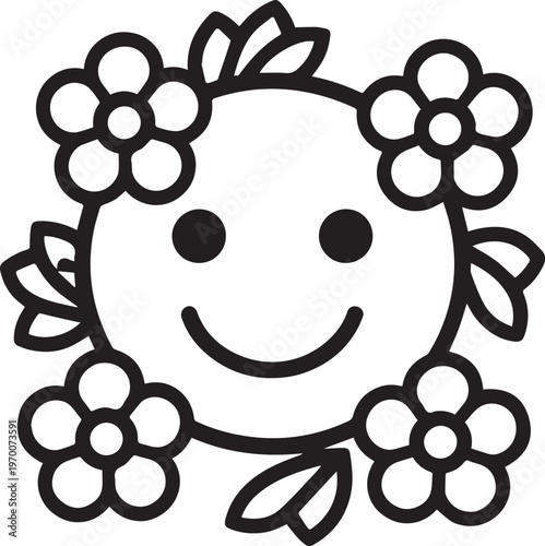 A charming, hand-drawn smiley face, wreathed in delicate flowers and leaves, radiating pure happiness and joy, bringing a sense of positivity and cheerfulness.