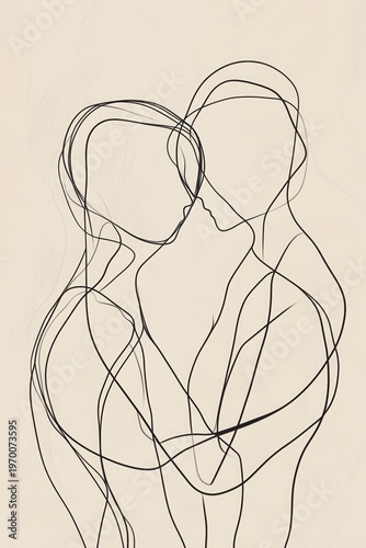 An abstract continuous line illustration featuring two human figures intertwined in a harmonious embrace.