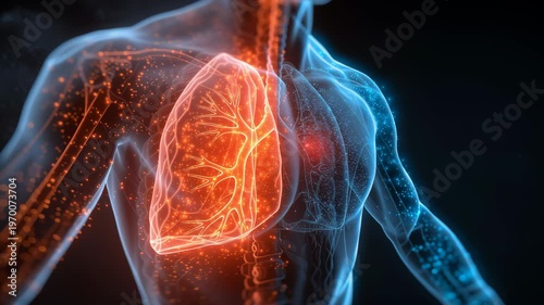 Animated 3D human body showing glowing lungs and circulatory system