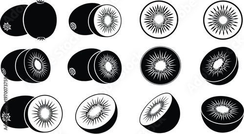 Black silhouette vector icon set featuring whole and sliced kiwi fruits with detailed seeds for healthy food nutrition organic grocery and vegan branding design