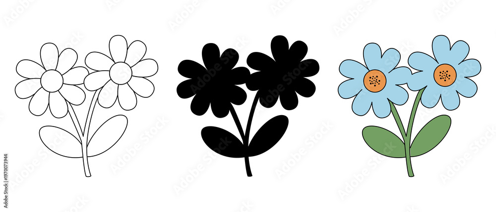 Fototapeta premium Two daisy flowers illustration in three styles: outline, solid black silhouette, and vibrant full color with blue petals.
